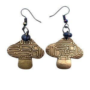 Handmade by Me Bronze Mushroom Earrings MCM Pattern Aurora Borealis Bead